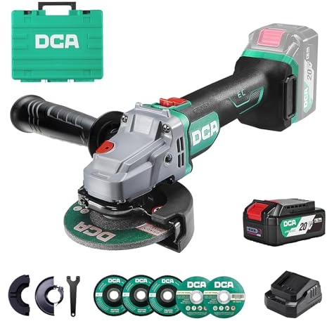 DCA Cordless Angle Grinder 125MM, 20V Brushless Motor 8500RPM, Battery Grinder Tool-Free Guard, 4.0Ah Battery & Charger, Power Electric Cut Off Tool with 6 Discs for Cutting, Grinding, Polishing