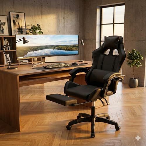 CONCEPT USINE | Chaise de Bureau Gaming Ergonomique ALTAIR Noir | Dossier Inclinable 135° | Repose-Pied Déployable | Hauteur Réglable | Coussins Lombaires et Tête | Assise Confort Haute Densité