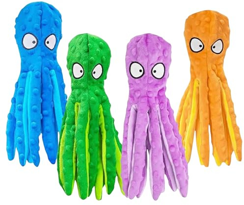 Oktopus Hundespielzeug ohne Füllung, Quietschende Krake aus Plüsch, Robustes Kauspielzeug & Beschäftigung für kleine und mittelgroße Hunde, 4er-Set von Kuschelfreunde