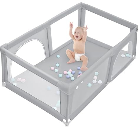 OHMG 180 x 120 cm Laufstall, Kinderlaufstall, großer Laufstall für Babys mit Barrieren, Laufstall aus Oxford-Stoff, Babyspielplatz für Wohnung, Basketballgestell, 50 Bälle (B-Hellgrau, 180 x 120 x 66