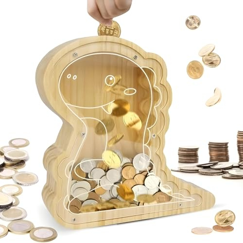 Dinosaurios Hucha Infantil de Madera Huchas Cerdito Originales para Niños Caja de Ahorro Transparente Fuerte Regalo Niño 5 6 7 8 9 10 11 12 Años Dinosaurio Regalos Decoracion Hogar Dormitorios