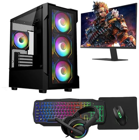 Gaming PC – Intel Core i7, GT710 2GB Graphics, 16GB RAM, 1TB HDD+128GB SSD, 22 Monitor, Keyboard, Mouse, Headset, Windows 11, WiFi – Gaming PC Bundle (Neo Black)
