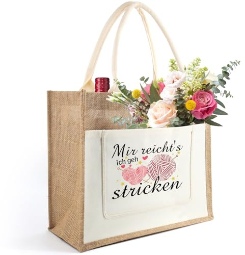 Tarklanda Frauen Jutetasche mit Spruch Mir reicht's ich geh stricken, Jute Tote Bag für Aufbewahrung stricken, Jute Einkaufstasche Damen, Geschenke für Oma Mama zum Geburtstag, Weihnachten