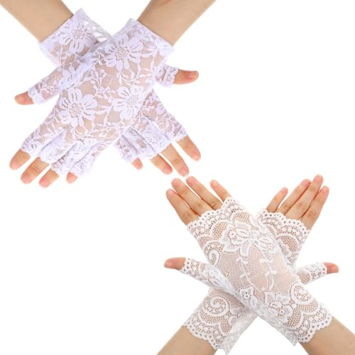 Classicseali 2 pares de guantes de encaje sin dedos, guantes de encaje blancos, elegantes guantes de encaje con estampado floral para bodas, bailes, fiestas de té, cenas (color blanco)