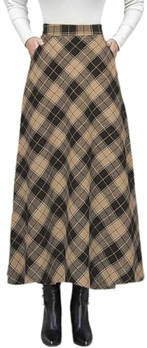 Duohropke Falda de Invierno Larga para Mujer, Elegante, Cintura Alta, A Cuadros, Lana Cálida, Rodilla, Acampanada, Bolsillos, Plisada, Versátil, Talla 4XL, Caqui