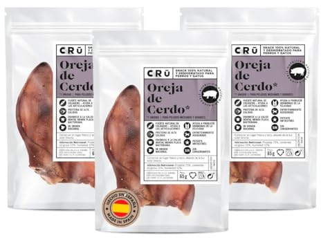 CRU - Orejas de Cerdo para Perros y Gatos - Snacks para Perros 100% Naturales - Chuches para Gatos Que Aportan Omega 3 y Favorecen la Salud Dental (3 Unidades, Orejas de Cerdo)