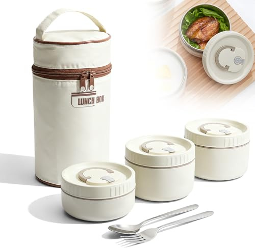 GOMETY Boîte Repas Isotherme 1760ml 3 Couches Acier Inoxydable, Thermos Alimentaire Chaud Étanche avec Sac Isotherme et Couverts, Boîte à Lunch Bento Portable pour Adultes, Enfants, Bureau, École