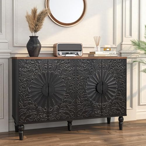 Surmorn Sideboard Buffet Cabinet with Storage, Accent Cabinet with 4 Vintage Carved Flower Pattern Doors, Decorative Wood Credenza for Living Room, Hallway, Dining Room, Kitchen, Black