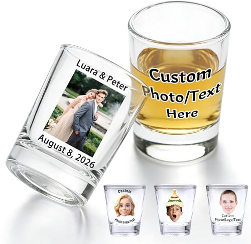 Vasos de trago individuales, 57 ml, personalizables, divertido set de vasos de trago con cara, foto, imagen, texto, logo, regalos para boda, cumpleaños, fiesta, despedida de soltera, para él y ella