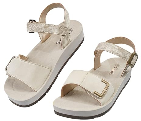 CLEIKS Donna Sandali Roman Tacco a Nastro Sandali Eleganti Belli Ortopedici per Donne Anziane Sandalo con Chiusura a Strappo (Beige, 39 EU, WCL260431-7)