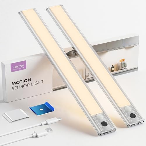 LROLTEF Schrankbeleuchtung Led Lampe Unterbauleuchte Küche Licht 26cm 4000K | 1800mAh Schranklicht mit Bewegungsmelder, Dimmbar Aufladbar Magnetische Vitrinenbeleuchtung, Silber 2 Stück