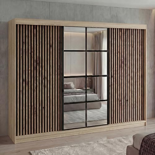 A&J MöbelLand Schwebetürenschrank NORIVO Kleiderschrank 200 cm mit Spiegel & Holzlamellen