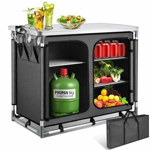 Daromigo Campingküche faltbar, 97cm – Campingschrank mit 45cm Fach für Gasflaschen, Mobile Outdoor Kochstation mit Seitentaschen & Tasche, Stabile Faltküche für Wohnmobil & Grillen