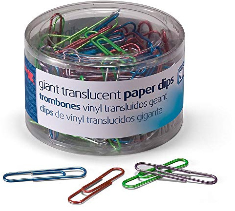 Translucent Paper Clips,Vinyl,Giant,200/Tub,BE/PE/GN/RD/SR