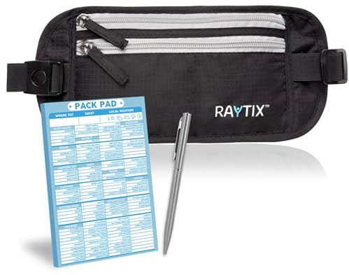 Raytix Money Belt For Travel – RFID Blocking Waist Pouch Passport Holder Wallet Belt – Waterproof Hidden Travel Fanny Pack For Men & Women – Secure, Lightweight, Adjustable Strap – Black