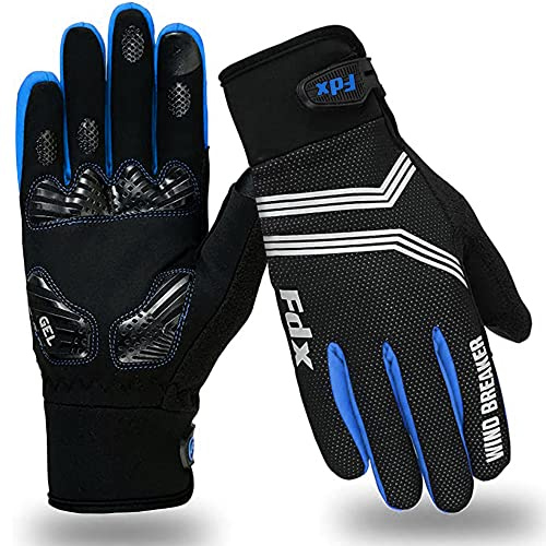 FDX Full Finger Winter Cycling Gloves, Breathable, Water Resistant, Windproof, Anti- Shocking Gel Padded Palms, Touchscreen, Anti-Slip Warm Thermal Men Women MTB, Racing, Riding, Running (Blue L)