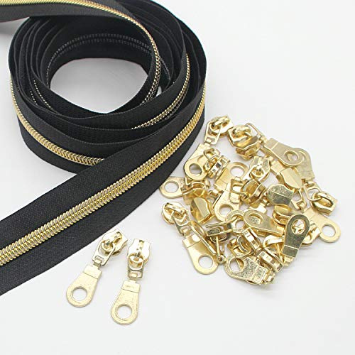 #5 Cerniere a spirale in nylon metallizzato dorato di The Yard Bulk Nastro nero da 9.1 metri con 25 cursori in oro per borsa da cucito su misura fai da te Leekayer
