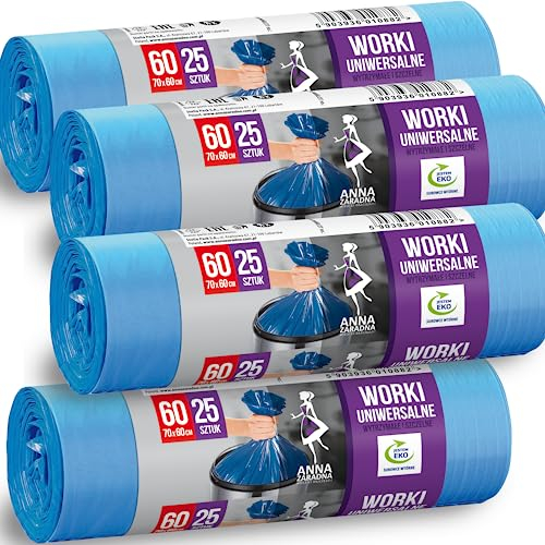 ANNA ZARADNA Sacchi per Immondizia Blu 60l con Manici - Pacco da 100 Sacchi Grandi Sostenibili in Plastica Riciclata Sacchi Spazzatura Resistenti con Chiusura a Coulisse e Profumo di