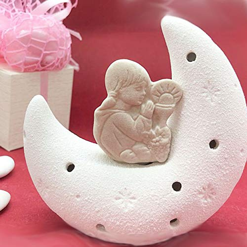 Lampada da comodino a forma di luna bianca in ceramica con bambina a mani giunte, calice ed ostia, bomboniere comunione originali, completa di scatola regalo (con confezione rosa)