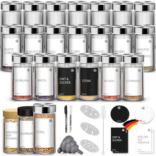 Miorkly 24 Gewürzgläser Rund mit Streueinsatz - Hochwertiger | Verdicktes Glas-Luftdichte Gewürzgläser Rund 100ml-Gewürzstreuer Glas - Spice Jars Set-Trichter, Schwarzer Etikett und Stift