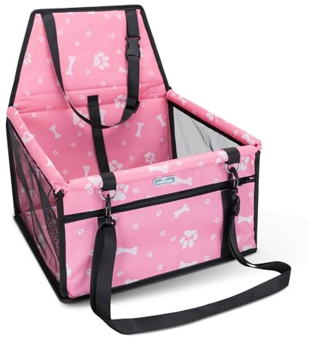 Nobleza Seggiolino Auto per Cani Piccola Taglia e Gatti, Trasportino Cane Auto con Tasca con Cerniera e Cintura di Sicurezza, Impermeabile e Pieghevole, Rete Traspirante, 40x34x25cm, Rosa