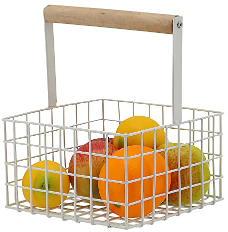 Cepewa Metallkorb quadratisch Henkel │ Metall weiß Kiefernholz 21x18cm │Obstkorb Utensilienkorb Gitterkorb (1 x Metallkorb weiß)