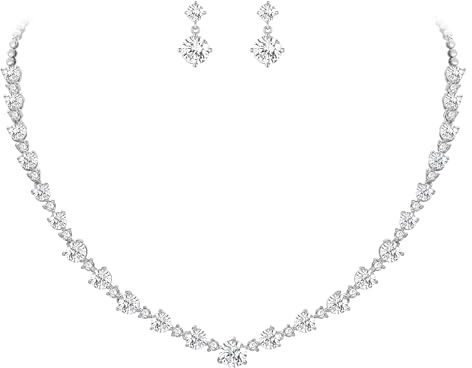 EVER FAITH Parure Bijoux Femme de Mariage pour Mariée Ronde Coupe Zircone Cubique 14K Or Plaqué Collier et Boucles d'oreilles Ensemble Clair Ton d'argent