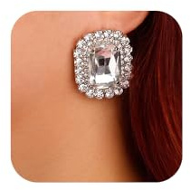 Denifery Square Crystal Earrings Rhinestone Stud Earrings Sparkling Crystal Stud Dangle Drop Earrings for Women Bling Stud Earrings for Prom Wedding (Silver)