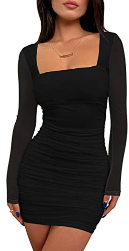 BORIFLORS Women's Sexy Ruched Bodycon Mini Dress Mesh Long Sleeve Club Party Short Dresses, X-Small, Black
