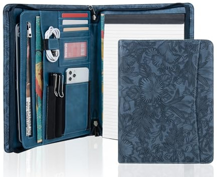 AZXCG Embossed Leather Padfolio for Women, Professional Bussiness Portfolio Organizer with A4 Notepad Holder, Zippered Portfolio Binder Fits 13 Ipad/Tablet,Gift for Women