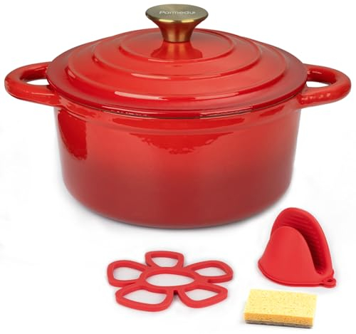 Parmedu Cast Iron Dutch Oven with Lid: 5.2 L Enameled Cast Iron Dutch Oven, Sturdy Cookware for All Cooktops, Braising, Stews, Roasting, Bread Baking, Red