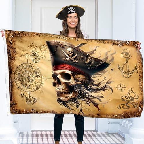 Drapeau pirate - Drapeau Jolly Roger avec carte pirate - Impression recto-verso - Polyester 110D - Double couture - 2 œillets en laiton, grand 110 x 3 pieds