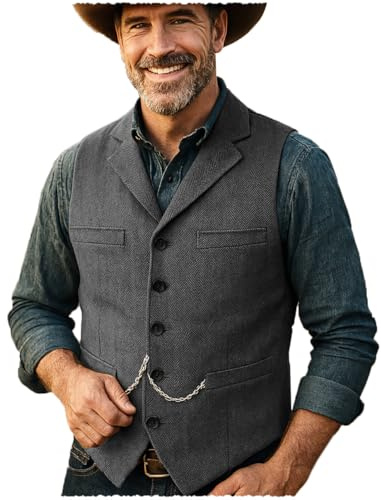 Tuikayoo Herren Tweed Anzug Vintage Weste Herringbone Wolle Abschlussball Weste Trauzeugen（Grau，XXL）