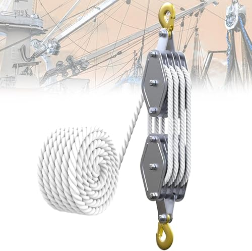 Rope Pulley Hoist with Metal Bearing 4400 LB, 8:1 Pulley Block and Tackle System, Pulley Block 2200LB Loading Capacity, 65ft Heavy Duty Rope Hoist for Hunting Garage Warehouse Constructions