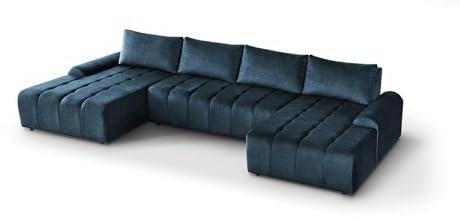 BEAUTY SOFA - Costa Sofa XXL - 367 x 169 cm - Couch, Schlafsofa U-Form, Gästebett - Sofa mit Schlaffunktion, Schlafcouch - Schlafsofa mit Bettkasten - Velours - Blau (Vogue 13)