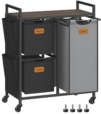 VASAGLE Panier à Linge, 3 Compartiments, Corbeille 100 L, Bac, Roulettes, Chariot avec Étagères, Sac, Poches Latérales, 6 Étiquettes, Marron Châtaigne, Noir d'Encre et Gris Tourterelle BLH202B01