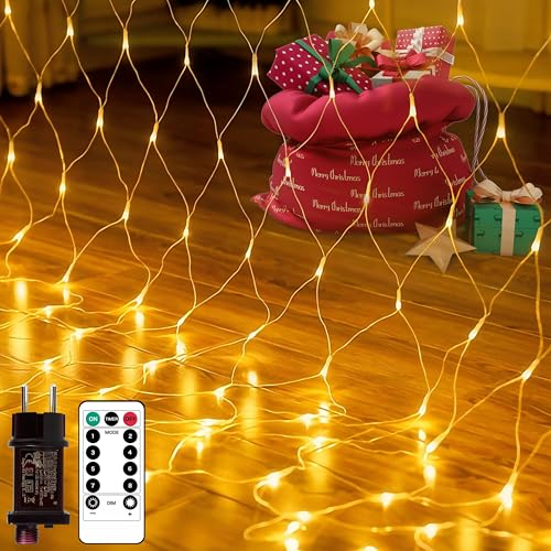 Lichternetz Außen, 3x2m 200 LED Lichterkette Außen Warmweiß mit Stecker, LichterNetz mit Fernbedienung Timer, IP45 Wasserdicht Lichternetz Innen 8 Modi für Büsche Garten Weihnachtsbaum Zimmer