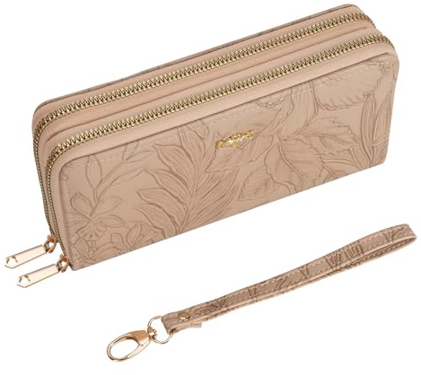 ZLLkeji Geldbeutel Damen Mode Geldbörse PU Leder Lange Geldbörsen Blumen Reißverschluss Portemonnaie Viel Kartenfächer Für Dating Shopping Party (Aprikose)