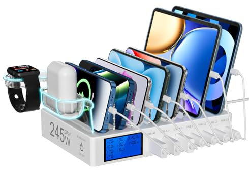 Rsydmny Station de Charge, 245W Chargeur Multiple Organisateur, 7-Port USB Multi Station Chargement avec écran LCD, Compatible avec iPad, Tablette, iPhone, Smartphones（sans câble de Charge）-Blanc