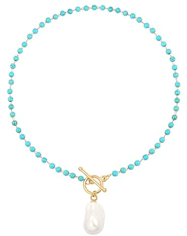Aobei Pearl Big Baroque Pearl Pendant Necklace Bohemian Turquoise Beaded 18K Gold Plated Toggle Clasp Necklace for Women Jewelry Gifts