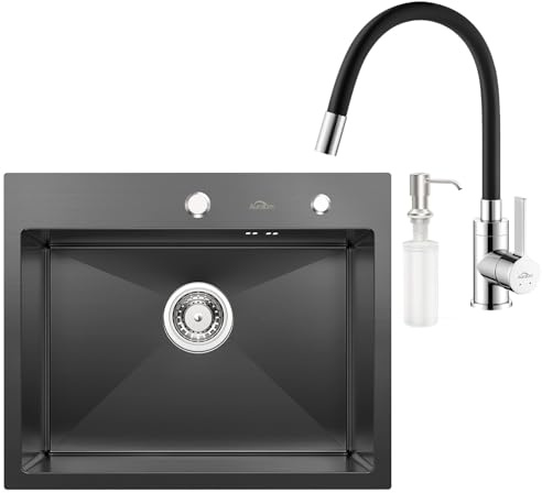 Spülbecken mit Armatur 55 x 45 cm, Auralum Einbauspile Edelstahl Schwarz Anthrazit + Flexibler Wasserhahn Küche Schwarz, Küchenspüle inkl. Seifenspender und Siphon, Spüle mit Armatur Set