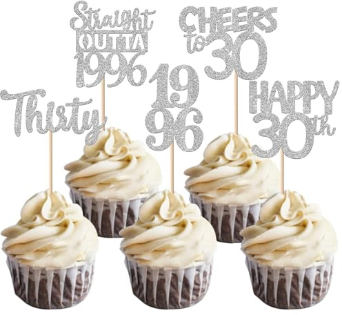 SYKYCTCY 30 Pack Happy 30th Birthday Cupcake Toppers Glitter Thirty Straight Outta 1996 Cupcake Picks for Cheers to 30 Years Birthday Wedding Anniversary Party Decoration Supplies