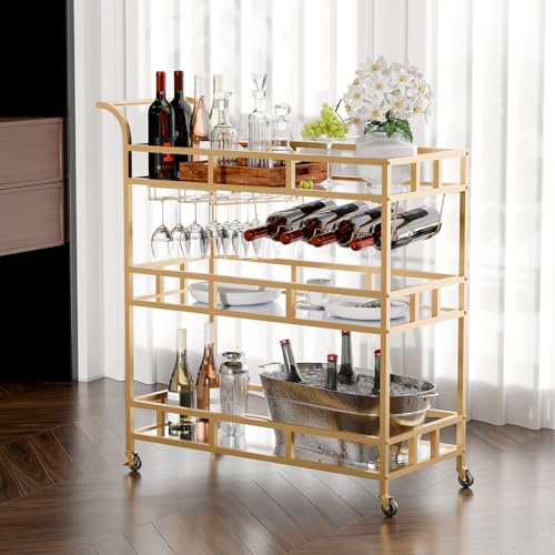 TONGMO Gold Barwagen mit 3 Ebenen Spiegelregalen, Home Bar Wagen mit Weinregal und Glashalter, perfekt für den Innen- und Außenbereich, stilvolle und funktionale Küche und Unterhaltungsraum Ergänzung