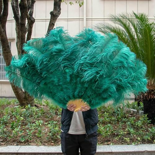 Abanico de plumas de avestruz grande y esponjoso de 130 cm, abanico de mano grande para fiestas, escenarios, accesorios de bailarina, plegable, 13 barras, verde oscuro
