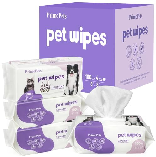 PrimePets Lingette Chien 400, Lavande, Lot de 4 x 100 | Lingettes Nettoyantes Chiens et Chats pour Pattes Corps Visage Yeux Fesses