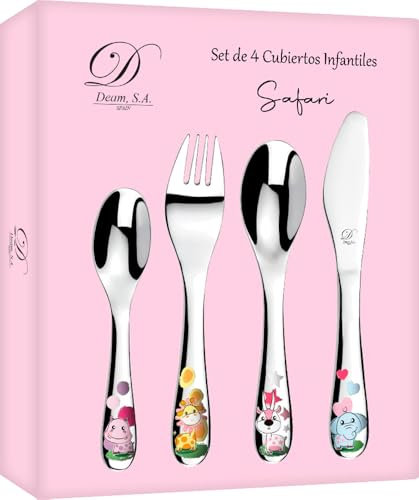 Estuche de 4 Cubiertos Infantiles con diseño de Safari. Disponible Grabado Personalizado (09705)