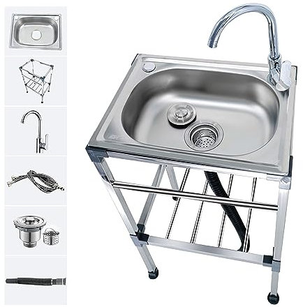 Lavello da esterno in acciaio inossidabile con rubinetto Lavello da campeggio portatile Lavabo da cucina autoportante Lavabo salvaspazio mobile per feste in giardino, casa e cantina (dimensioni: 35 x
