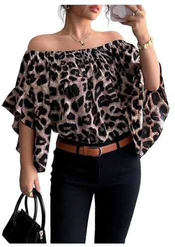 GORGLITTER Women's Leopard Print Off Shoulder Blouses Ruffle 3/4 Sleeve Smocked Loose Elegant Going Out Shirts Concert Outfits Brown L