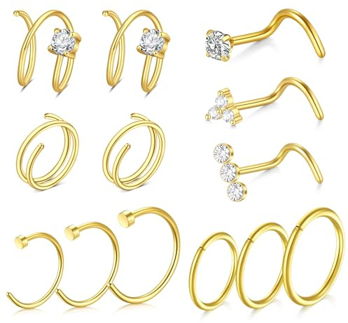 AVYRING 13 Stk Nasenpiercing, 20G CZ Nasenstecker & Doppelringe in Edelstahl, Dünn in Gold