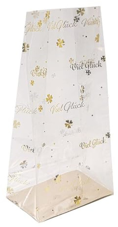 Ideen mit Herz Blockbodenbeutel | Folien-Druck gold | elegante Geschenk-Verpackung | Keks-Tüte | lebensmittelecht | 12 cm x 8 cm, 25 cm | 30 Stück (Viel Glück)